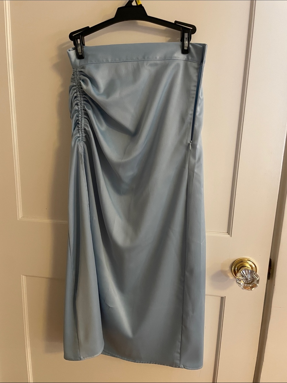 Sky Blue Ruched Side Midi Skirt